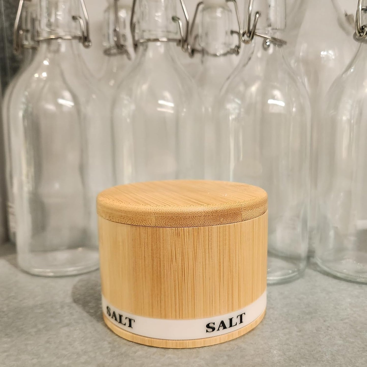 Salt Box Bamboo Salt Container with Swivel Lid and Spoon Small Spice Cellar with Label 8 Oz Capacity Salt Holder for Countertop with Magnetic to Easy Open and Seal