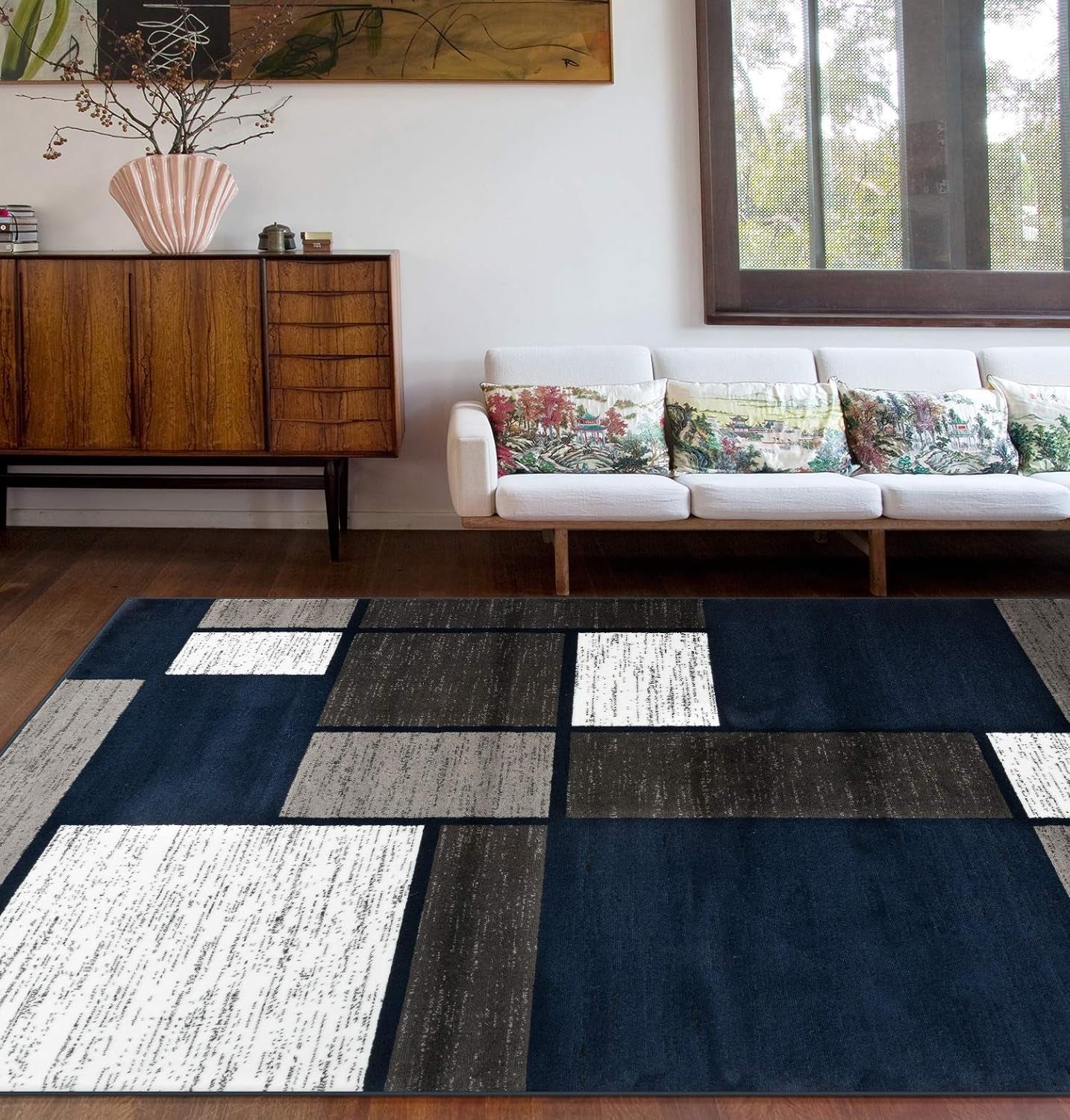 Modern Geometric Boxes Navy Area Rug, Fade-Resistant Carpet for Large Living Room, Bedroom, or Open Space, 10' X 14'