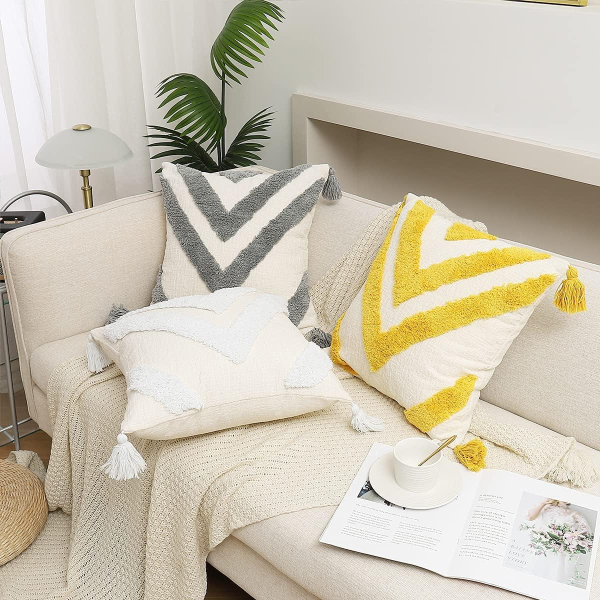 Boho White Throw Pillow Cover 18X18 Inch with Tassels, Chevron Tufted Decorative Cream Soft Chenille Fabric Accent Textured Cushion Case for Bed Couch, 1 PC Cover Only No Insert