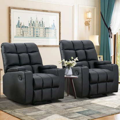 33.5" Wide Modern Faux Leather Soft Backrest Manual Release Recliner Chair with Massage & Storage & Cup Holder (Set of 2)