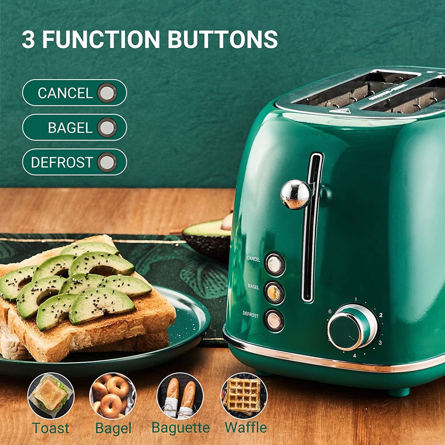 2 Slice Retro Stainless Steel Toaster with Bagel, Cancel, Defrost Function and 6 Bread Shade Settings, Extra Wide Slot, Removable Crumb Tray, Green, ST028.