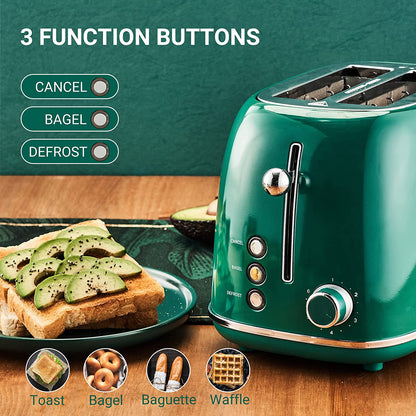 2 Slice Retro Stainless Steel Toaster with Bagel, Cancel, Defrost Function and 6 Bread Shade Settings, Extra Wide Slot, Removable Crumb Tray, Green, ST028.