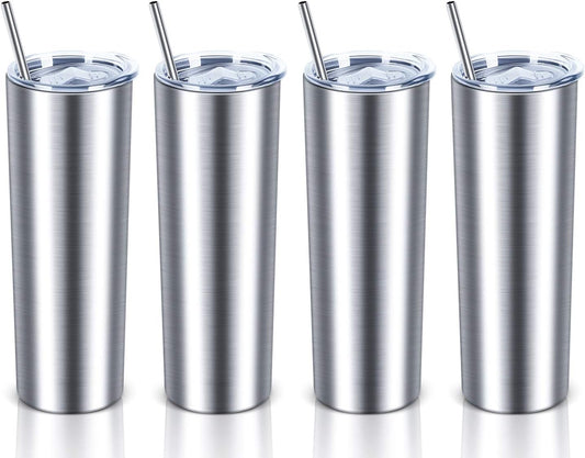 20 Oz Skinny Stainless Steel Tumbler Set with Lids, Insulated Slim Water Tumbler for DIY, Silver