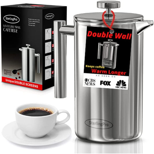 French Press Coffee Maker (1.5L)-Double Walled Large Coffee Press with 2 Extra Filters-Enjoy Granule-Free Coffee, Stylish Rust Free Kitchen Accessory-Stainless Steel (Mirror)