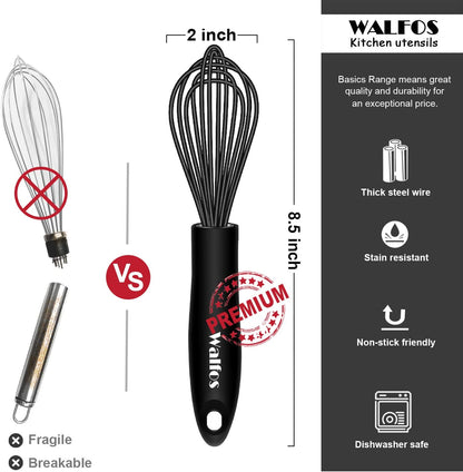 Silicone Whisk, Stainless Steel Wire Whisk - Heat Resistant Kitchen Whisks for Non-Stick Cookware, Balloon Egg Beater Perfect for Blending, Whisking, Beating, Frothing & Stirring, 8.5", Black
