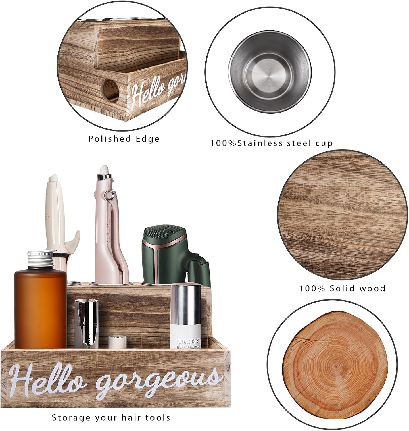 Wooden Hair Tool Organizer, Blow Hair Dry and Straightener Holder, Curling Iron Holder, Flat Iron Holder, Hair Accessories Product Styling Tools Dryer Organizer Storage for Bathroom Vanity Countertop