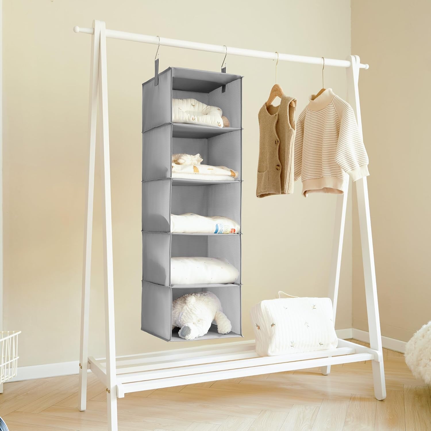 5-Shelf Hanging Closet Organizers and Storage, Hanging Shelves for Closet Storage, Collapsible Hanging Shelf Organizer for Clothes Organization, Light Gray, 12 ¼" D X 12 ¼" W X 45 ½" H
