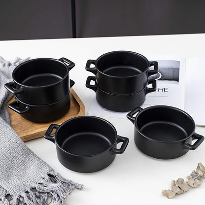 Ceramic Ramekin Set of 6 Serving Plates. 10 Oz Porcelain Baking Skillet for Souffle Dishes with Handles. Safe for Oven, Microwave, Dishwasher. Serving Dish, Matte Black