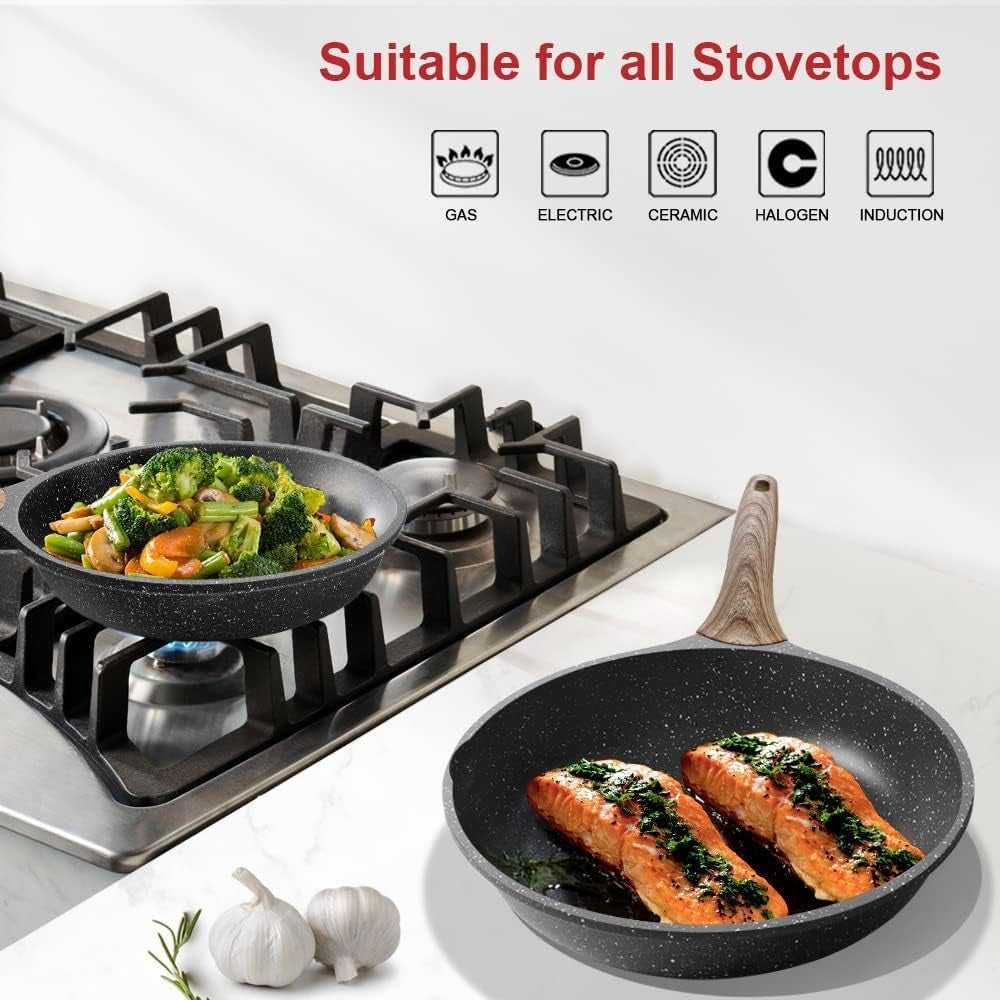 Nonstick Granite Frying Pan Skillet, Non Stick Omelette Fry Pans, Omelet Egg Pan, Stone Cookware Chef'S Pan, Induction Compatible, PFOA Free (Gray, 9.5 Inch with Lid)