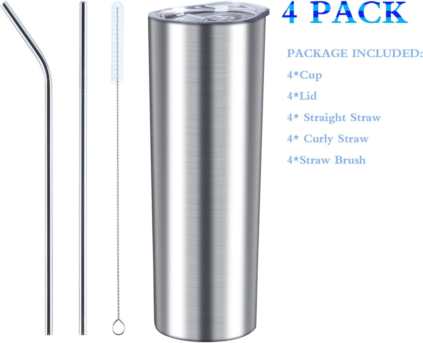 20 Oz Skinny Stainless Steel Tumbler Set with Lids, Insulated Slim Water Tumbler for DIY, Silver