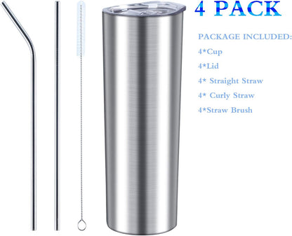 20 Oz Skinny Stainless Steel Tumbler Set with Lids, Insulated Slim Water Tumbler for DIY, Silver