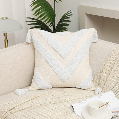 Boho White Throw Pillow Cover 18X18 Inch with Tassels, Chevron Tufted Decorative Cream Soft Chenille Fabric Accent Textured Cushion Case for Bed Couch, 1 PC Cover Only No Insert