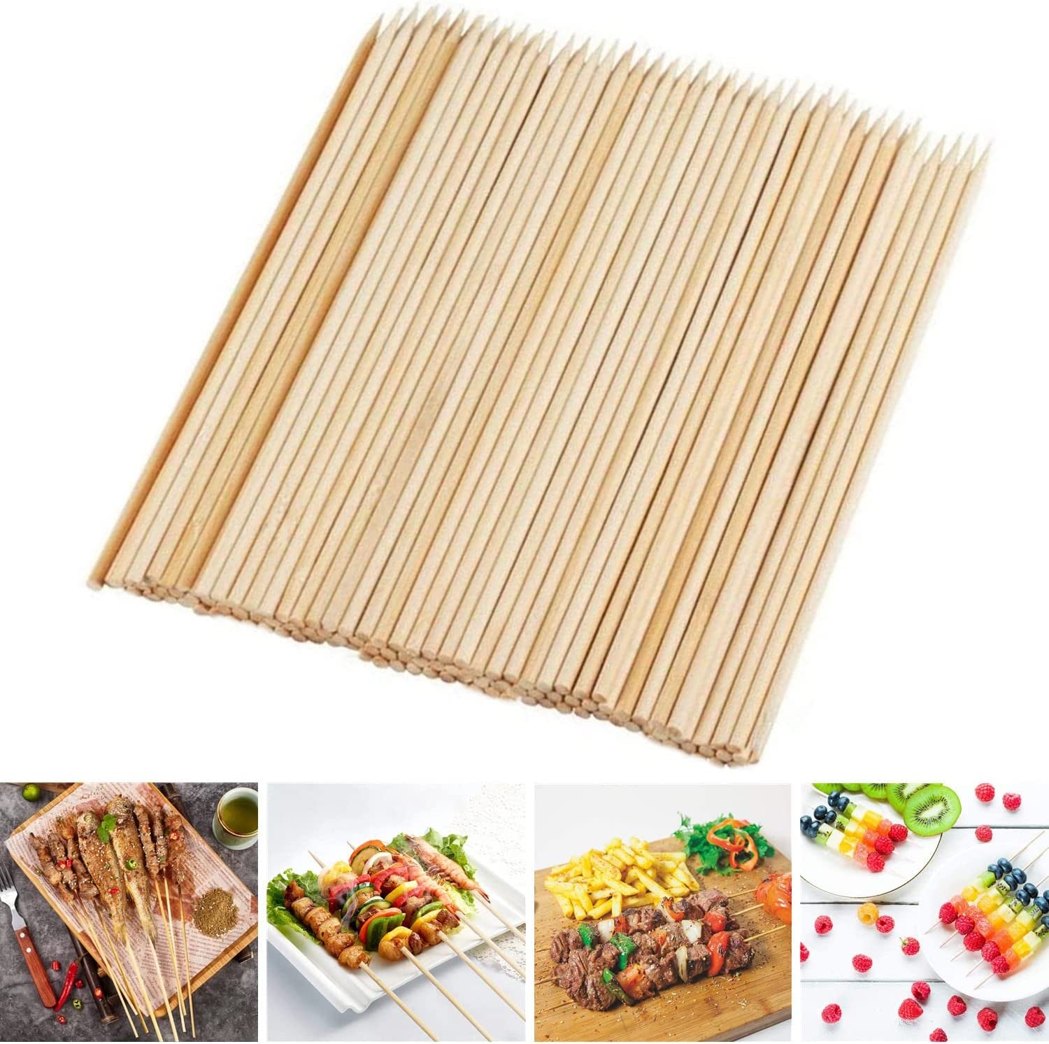 Bamboo Skewers, 8 Inch Bamboo Sticks 100Pcs BBQ Kabob Skewers, Grill, Appetizer, Fruit, Corn, Chocolate Fountain, Cocktail, Art, Craft, Set of 100 Pack