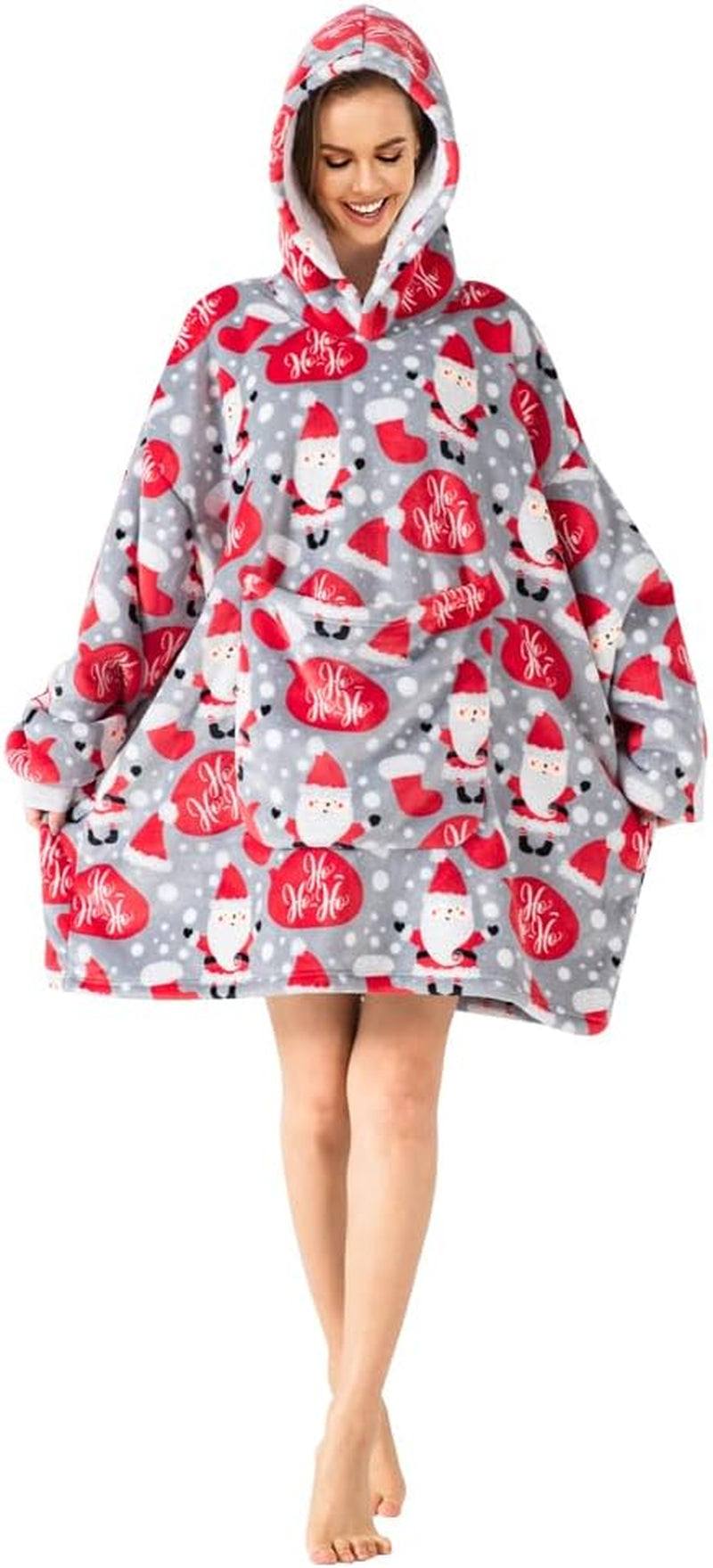 Oversized Wearable Blankets,Soft Plush Printed Sherpa Blanket Sweatshirt with Pockets,One Size Fits All,Santa Claus