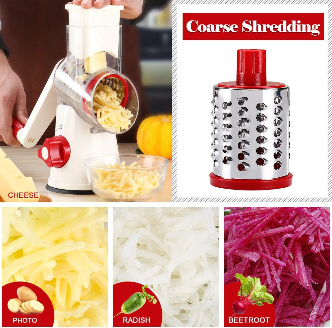 Rotary Cheese Grater Hand Crank, Kitchen Shredder Speed Mandolin Slicer Nuts Grinder with Handle and Drum Blades for Cheese, Vegetable, Chocolate, Potato, Carrot, 3 Blades, White Red