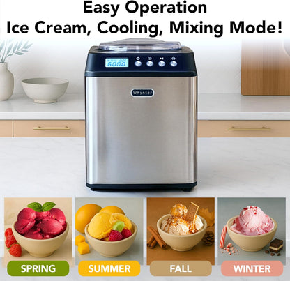 Ice Cream Maker Machine Automatic 2.1 Qt. Upright with Built-In Compressor, LCD Digital Display & Timer, No Pre-Freezing, ICM-201SB, Stainless Steel