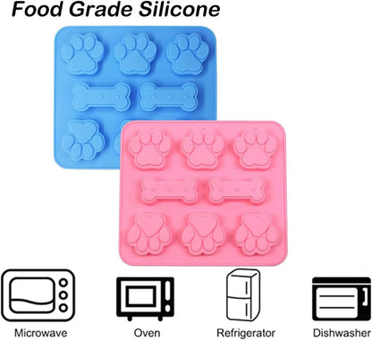 2 Pack Silicone Molds - Puppy Dog Paw & Dog Bone Shapes for Baking Chocolate, Candy, Jelly, Ice Cube Treats