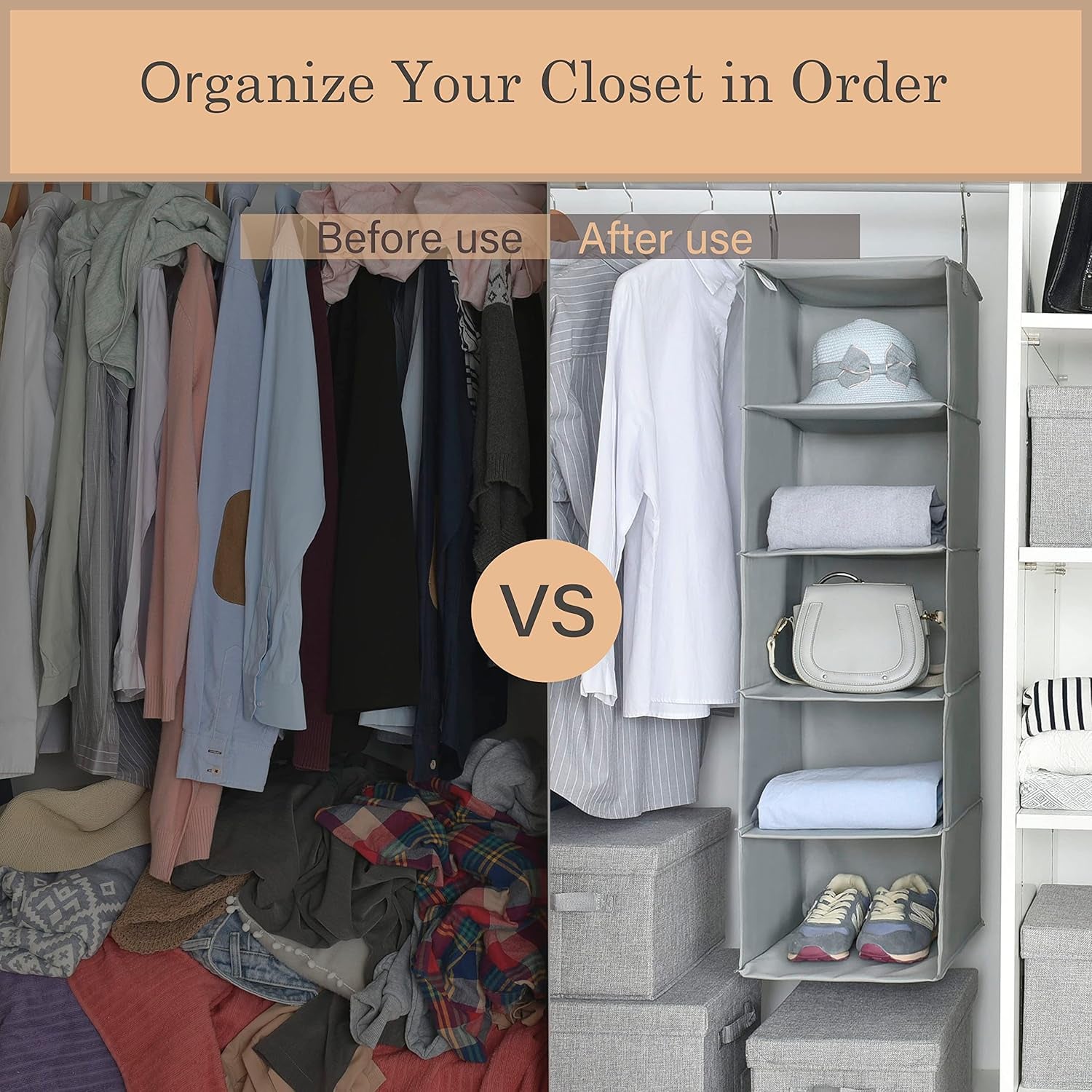 5-Shelf Hanging Closet Organizers and Storage, Hanging Shelves for Closet Storage, Collapsible Hanging Shelf Organizer for Clothes Organization, Light Gray, 12 ¼" D X 12 ¼" W X 45 ½" H