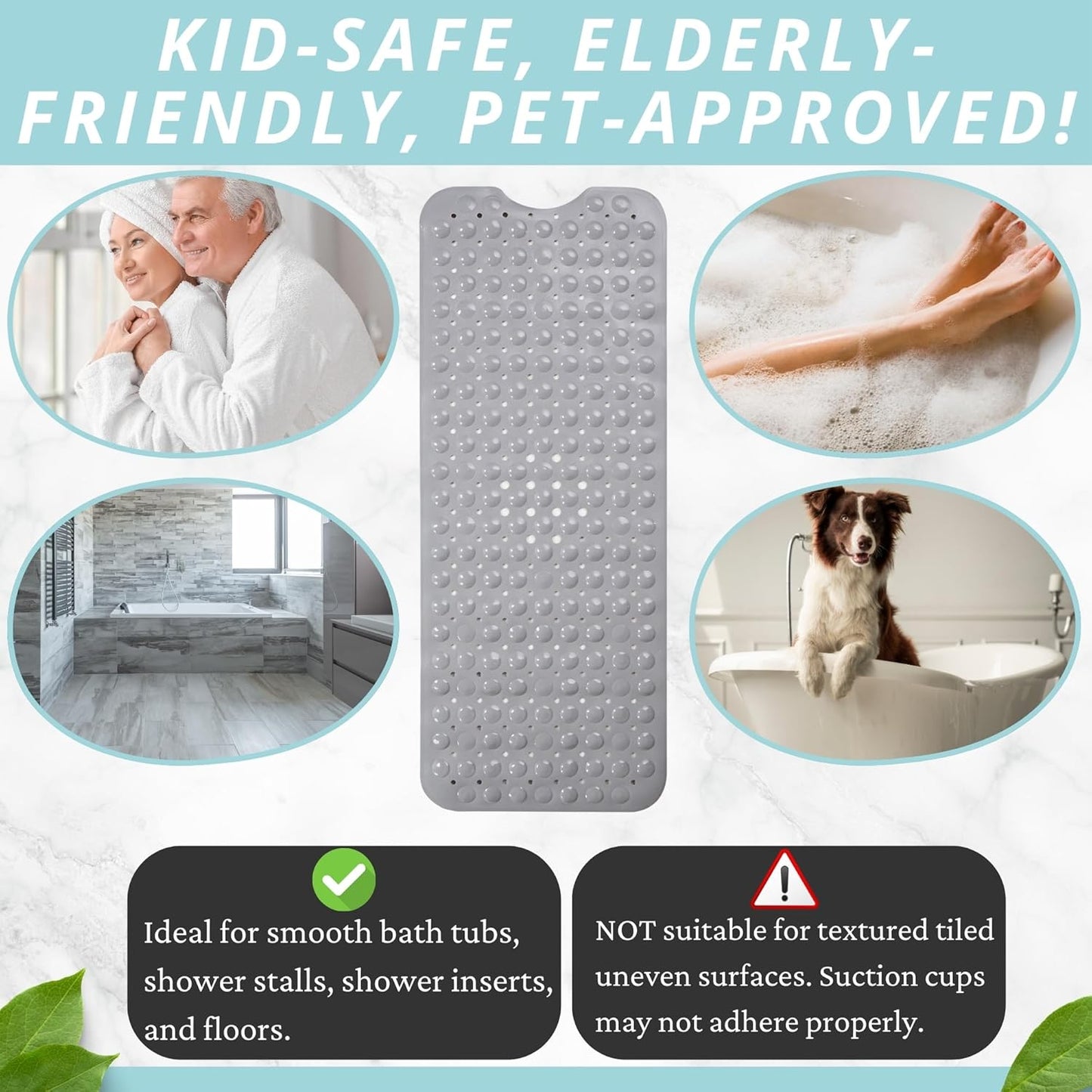 Large Non Slip Bathtub & Shower Mat - Extra Long 40 X 16 Inch, anti Slip Bathmats for Bathroom Tub (40X16 Grey 1-Pack)