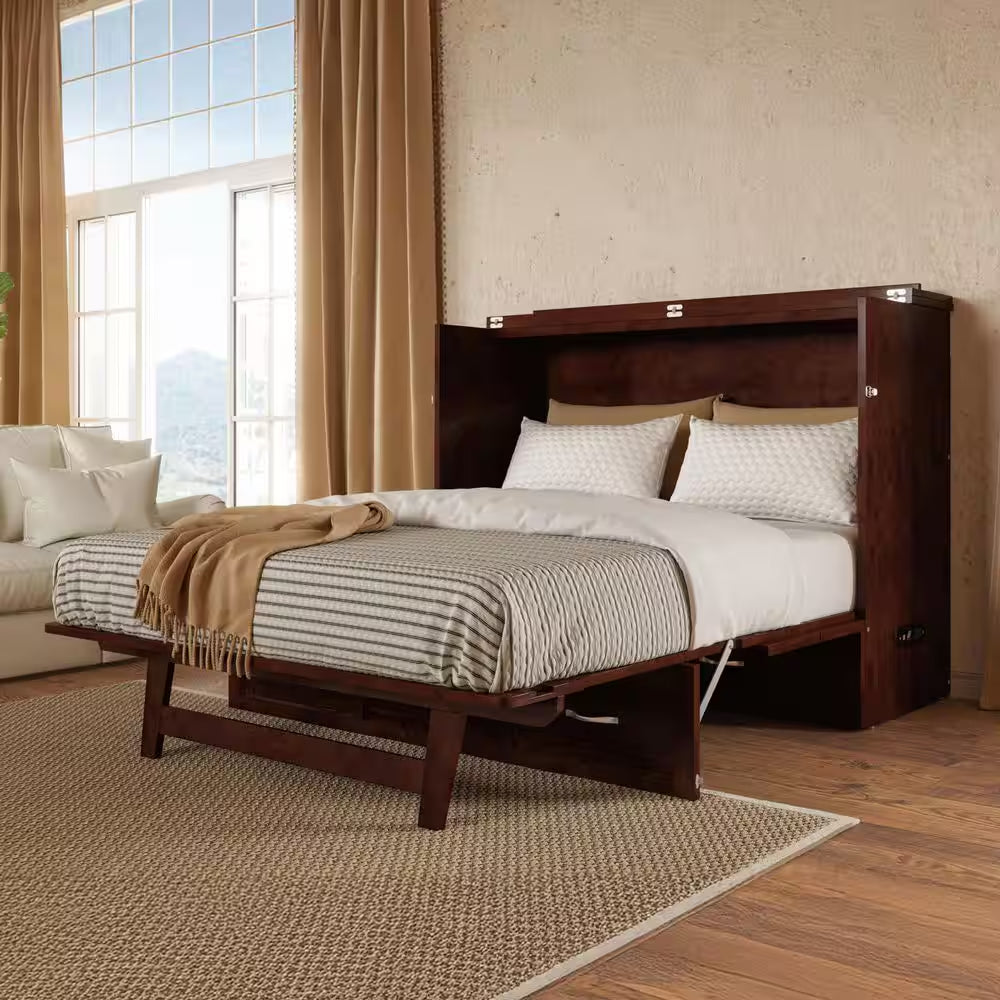 Deerfield Walnut Brown Wood Frame Full Murphy Bed Chest with 6 In. Mattress, Storage Drawer and Built-In Charger