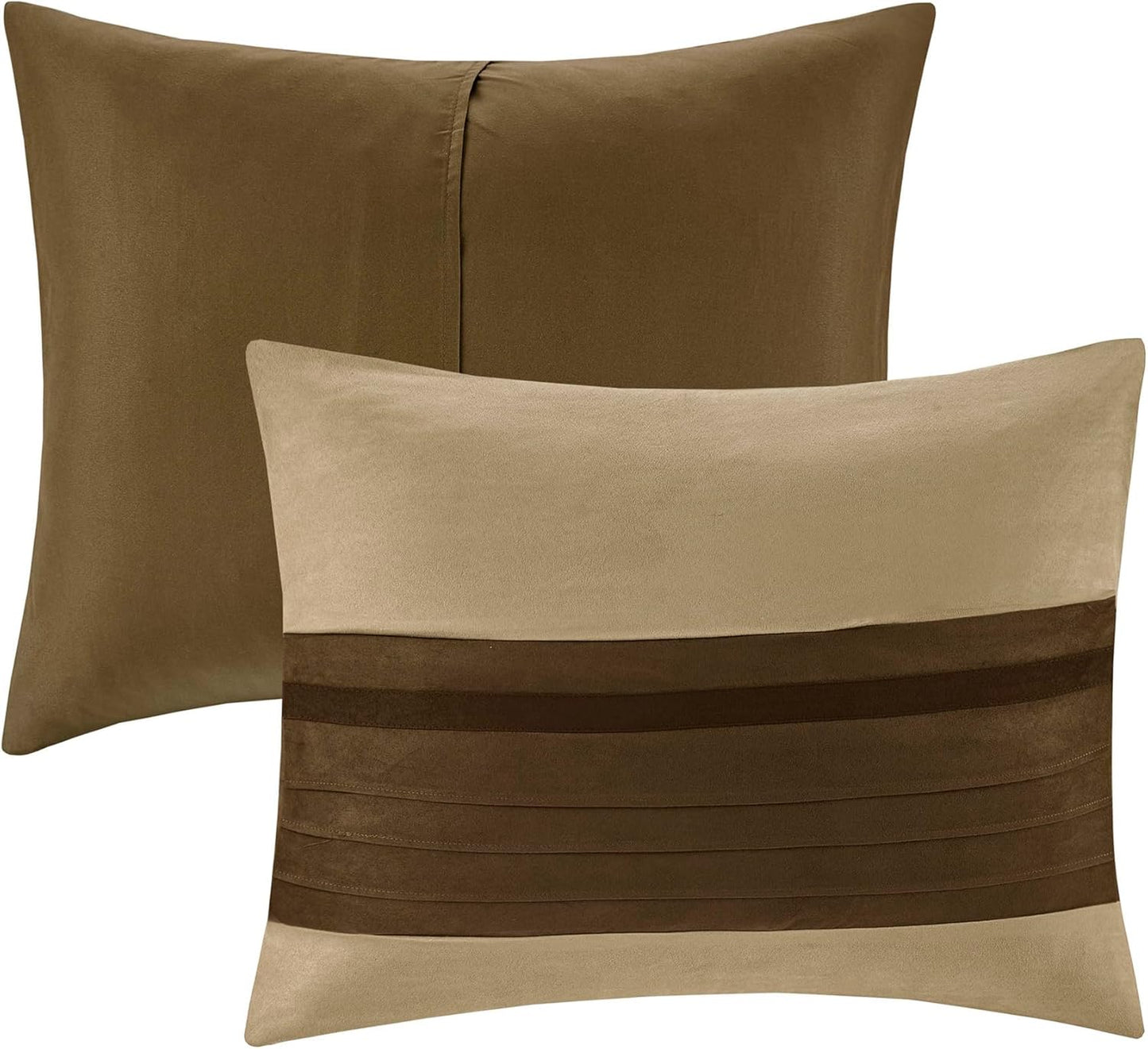 Palmer Comforter Set-Luxury Faux Suede Design, Striped Accent, All Season down Alternative Bedding, Matching Shams, Decorative Pillow, Bed Skirt, Queen (90 in X 90 In), Natural 7 Piece