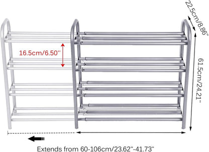 Shoe Rack Organizer for Closet Entryway, 4 Tiers Adjustable Heavy Duty Metal Shoe Storage Shelf, Large Enough for 20+ Pairs of Shoes (23.6"~41.7"X8.9"X24.2")(Silver)