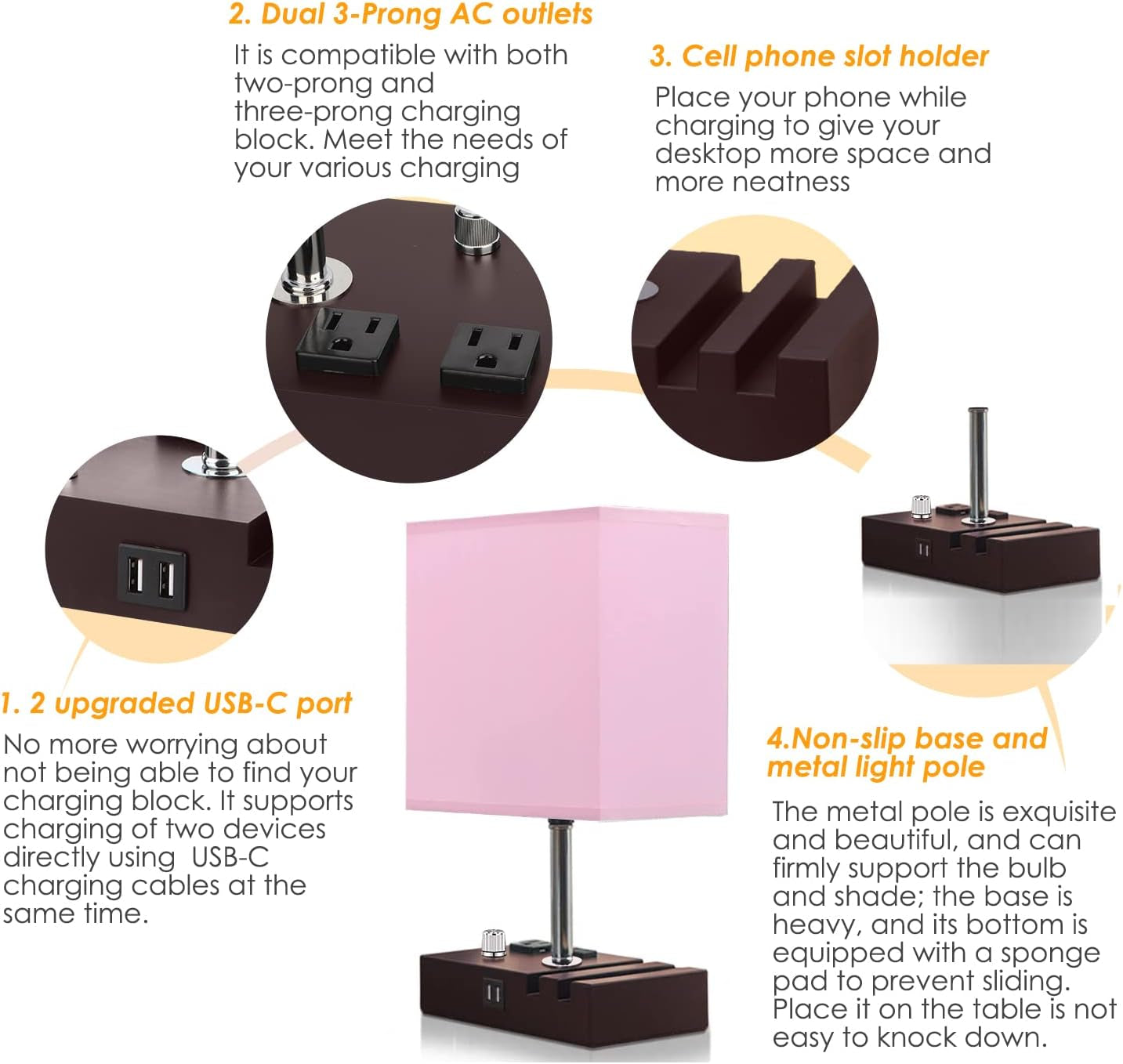 Fully Dimmable Table Lamp for Bedroom Dual USB Port Bedside Lamp for Nightstand Desk Lamps with Charging Station 2 Power Outlets, Fabric Lampshade LED Bulb Included (Mocha/Pink)