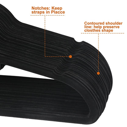 Velvet Flocked Hangers 100 Pack Non Slip Black Clothes Suit Hangers Hook Swivel 360 Ultra Thin(100Pcs, Black, Velvet)