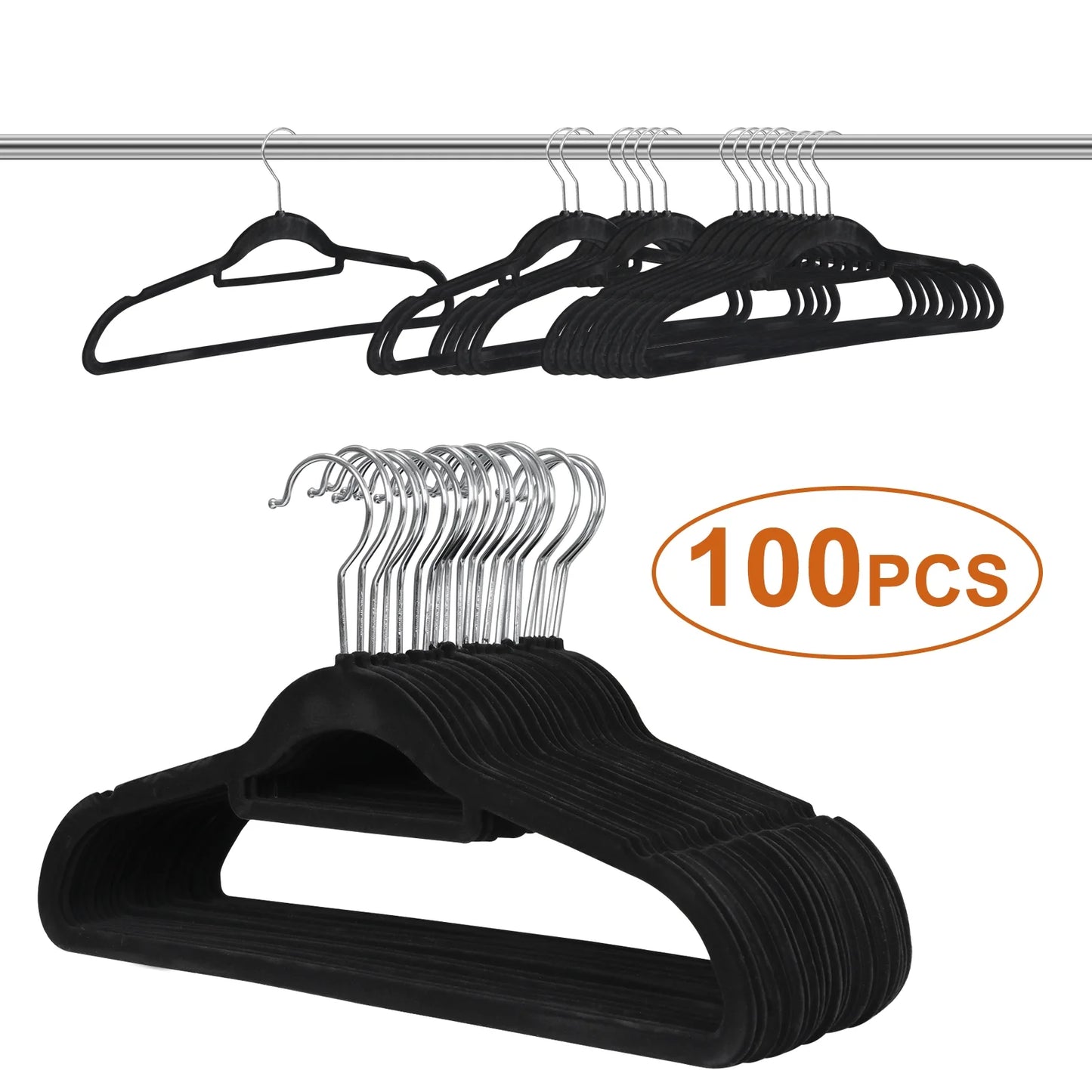 Velvet Flocked Hangers 100 Pack Non Slip Black Clothes Suit Hangers Hook Swivel 360 Ultra Thin(100Pcs, Black, Velvet)
