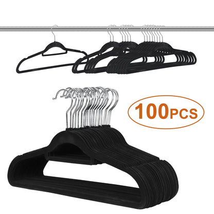 Velvet Flocked Hangers 100 Pack Non Slip Black Clothes Suit Hangers Hook Swivel 360 Ultra Thin(100Pcs, Black, Velvet)