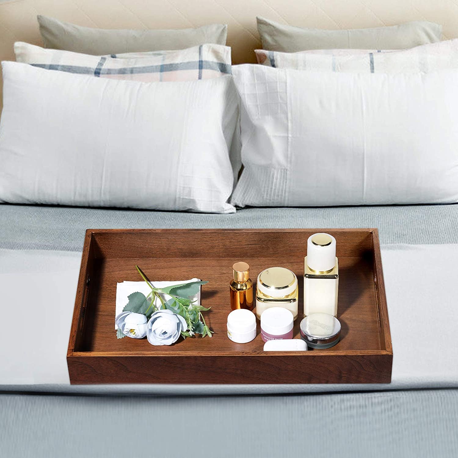 Wood Ottoman Wooden Serving Organizer Decorative Butler Bed Tray for Living Room Coffee Table Countertop 10×15 Inch