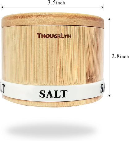 Salt Box Bamboo Salt Container with Swivel Lid and Spoon Small Spice Cellar with Label 8 Oz Capacity Salt Holder for Countertop with Magnetic to Easy Open and Seal
