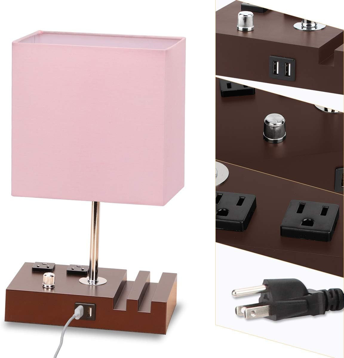 Fully Dimmable Table Lamp for Bedroom Dual USB Port Bedside Lamp for Nightstand Desk Lamps with Charging Station 2 Power Outlets, Fabric Lampshade LED Bulb Included (Mocha/Pink)