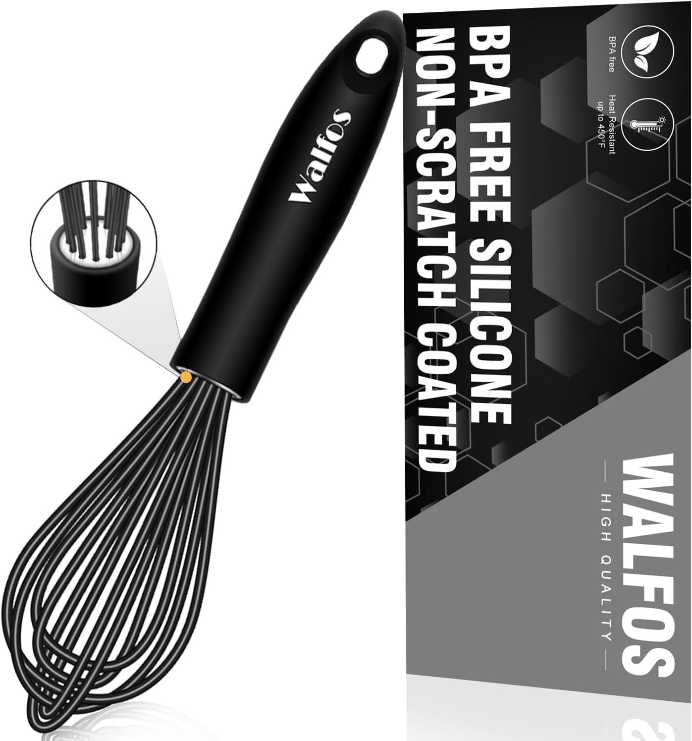 Silicone Whisk, Stainless Steel Wire Whisk - Heat Resistant Kitchen Whisks for Non-Stick Cookware, Balloon Egg Beater Perfect for Blending, Whisking, Beating, Frothing & Stirring, 8.5", Black