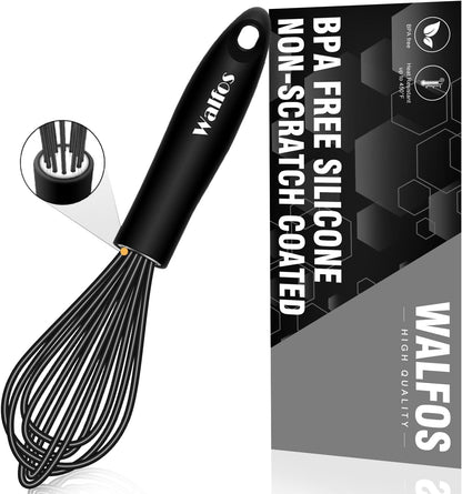 Silicone Whisk, Stainless Steel Wire Whisk - Heat Resistant Kitchen Whisks for Non-Stick Cookware, Balloon Egg Beater Perfect for Blending, Whisking, Beating, Frothing & Stirring, 8.5", Black