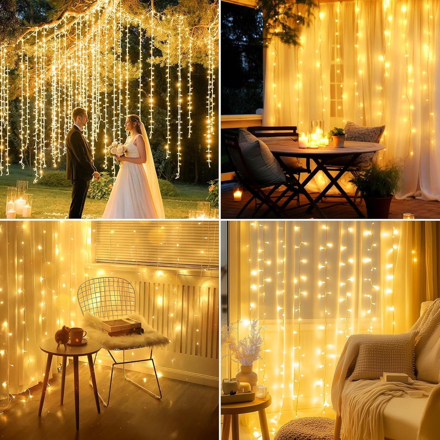 300 LED Curtain String Lights, 9.8 FT Hanging Fairy Lights with Remote, 8 Modes, Connectable Waterproof Window Lights for Bedroom Backdrop Wedding Outdoor Christmas Party, Warm White
