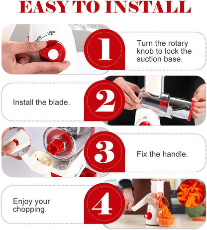 Rotary Cheese Grater Hand Crank, Kitchen Shredder Speed Mandolin Slicer Nuts Grinder with Handle and Drum Blades for Cheese, Vegetable, Chocolate, Potato, Carrot, 3 Blades, White Red