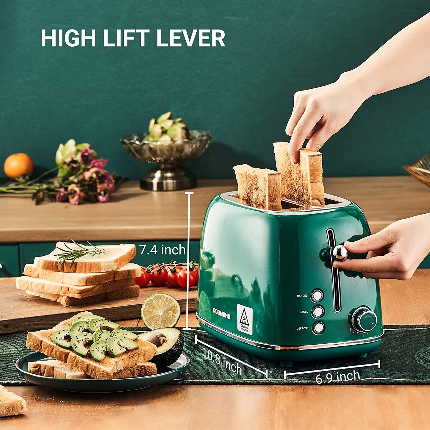 2 Slice Retro Stainless Steel Toaster with Bagel, Cancel, Defrost Function and 6 Bread Shade Settings, Extra Wide Slot, Removable Crumb Tray, Green, ST028.