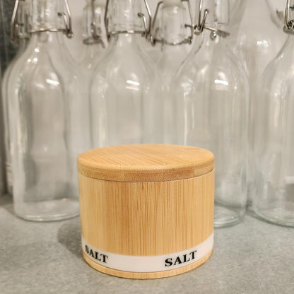 Salt Box Bamboo Salt Container with Swivel Lid and Spoon Small Spice Cellar with Label 8 Oz Capacity Salt Holder for Countertop with Magnetic to Easy Open and Seal