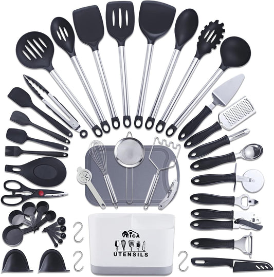 Kithcen Utensil Set 46 Cooking Utensils Nylon and Stainless Steel Utensils Kitchen Tool Set,Baking Set Kitchen Set Spatula Set Kitchen Gadgets Kitchen Tools Kitchen Accessories Black