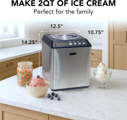 Ice Cream Maker Machine Automatic 2.1 Qt. Upright with Built-In Compressor, LCD Digital Display & Timer, No Pre-Freezing, ICM-201SB, Stainless Steel