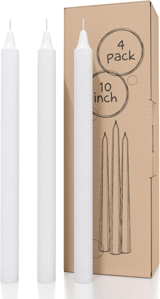 White Taper Candles Pack of 4 - Slow Burning Dripless Unscented Straight Candles 10 Inch - Ideal for Dinner Table - Smokeless Long Candlesticks
