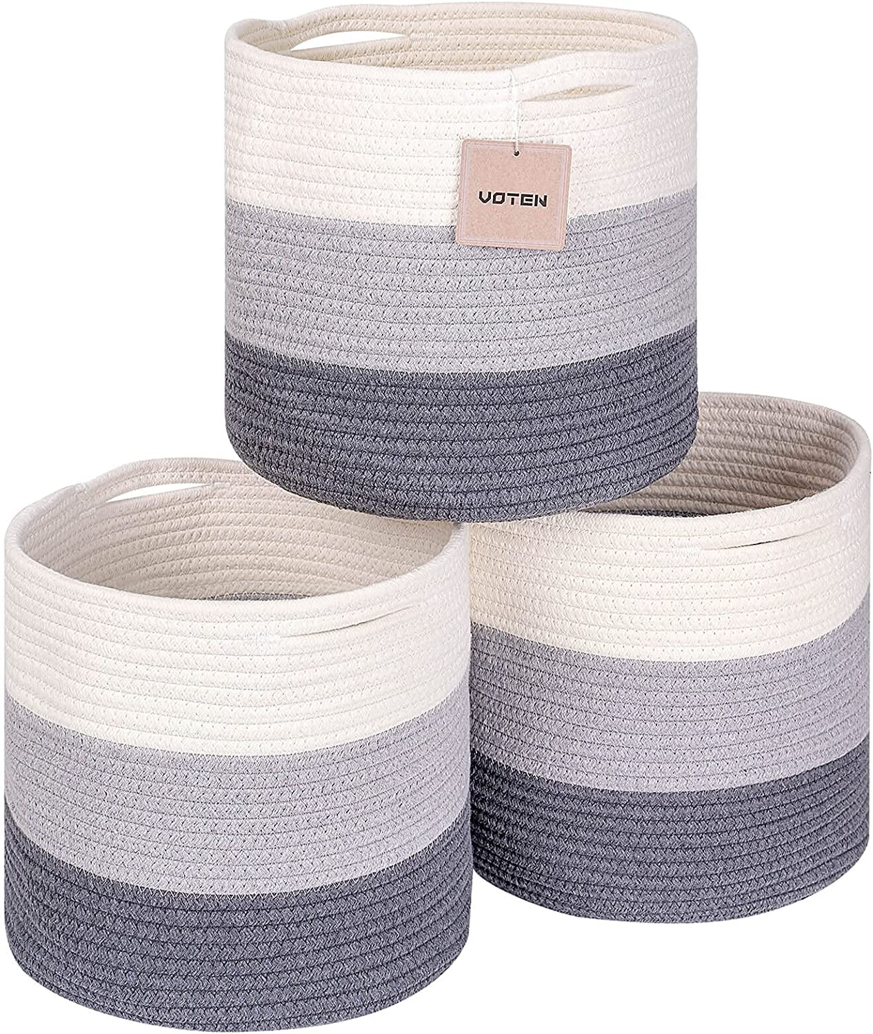 Woven Cotton Rope round 11X11X11'' Storage Cubes Baskets Bins Organizer, 3-Tone Gray, 3-Pack