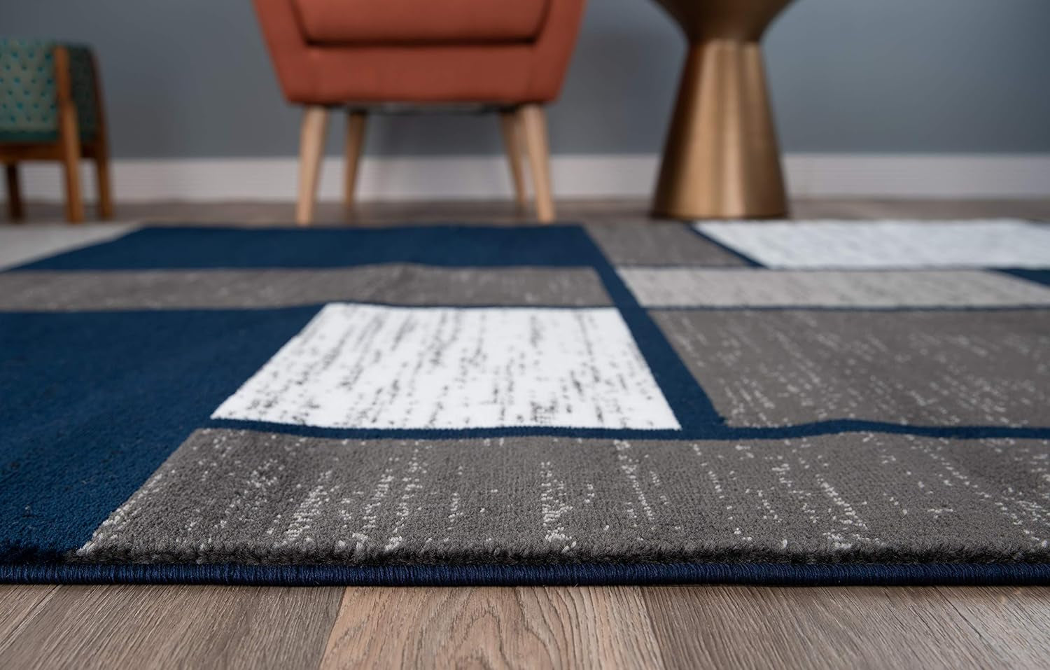 Modern Geometric Boxes Navy Area Rug, Fade-Resistant Carpet for Large Living Room, Bedroom, or Open Space, 10' X 14'