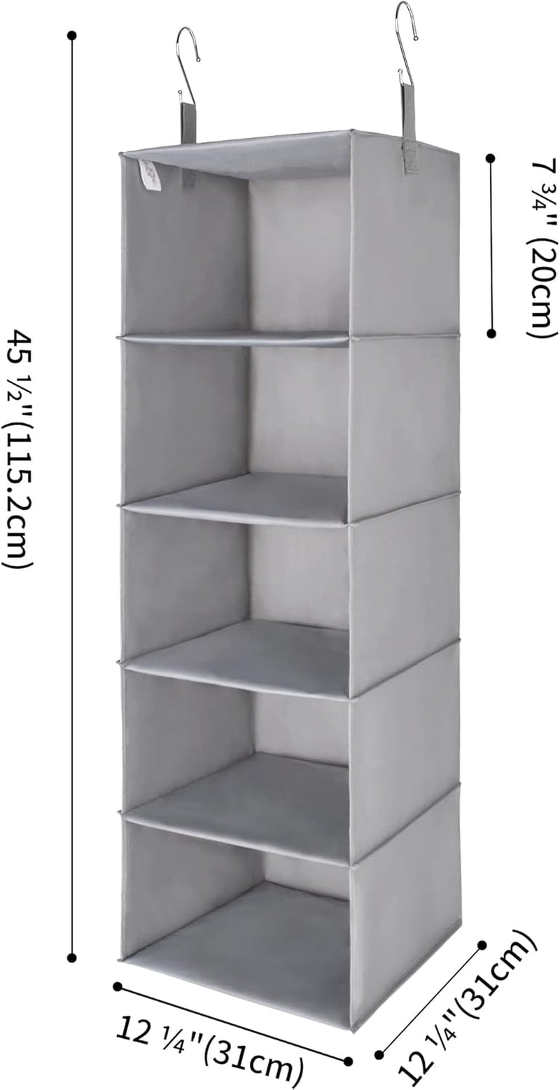 5-Shelf Hanging Closet Organizers and Storage, Hanging Shelves for Closet Storage, Collapsible Hanging Shelf Organizer for Clothes Organization, Light Gray, 12 ¼" D X 12 ¼" W X 45 ½" H