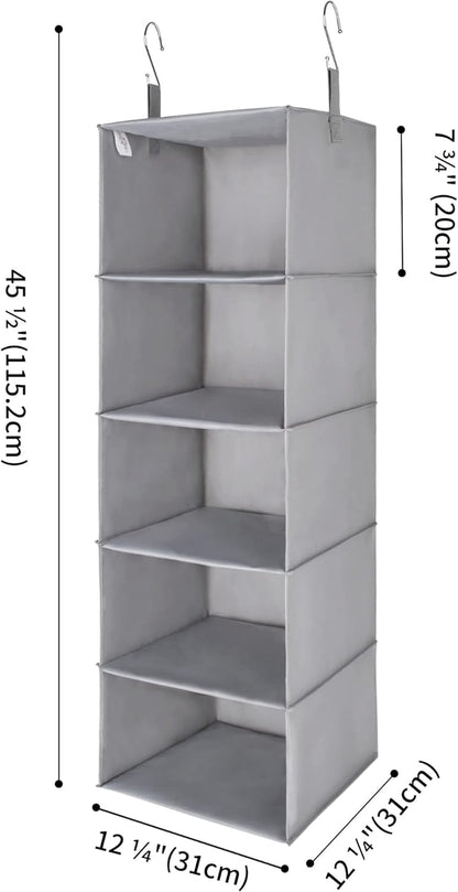 5-Shelf Hanging Closet Organizers and Storage, Hanging Shelves for Closet Storage, Collapsible Hanging Shelf Organizer for Clothes Organization, Light Gray, 12 ¼" D X 12 ¼" W X 45 ½" H