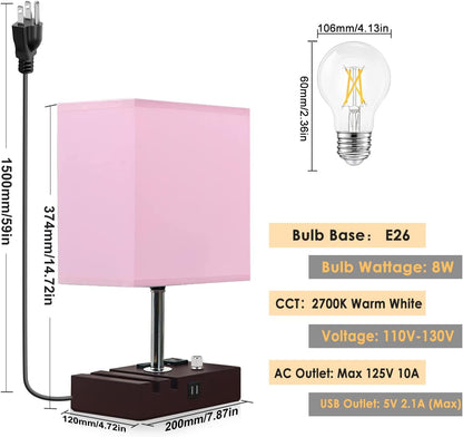 Fully Dimmable Table Lamp for Bedroom Dual USB Port Bedside Lamp for Nightstand Desk Lamps with Charging Station 2 Power Outlets, Fabric Lampshade LED Bulb Included (Mocha/Pink)