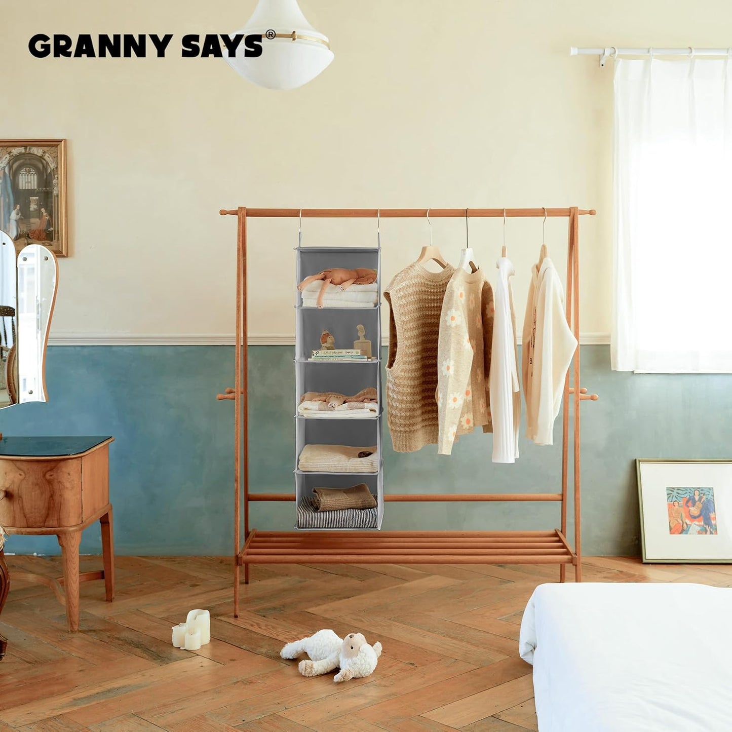 5-Shelf Hanging Closet Organizers and Storage, Hanging Shelves for Closet Storage, Collapsible Hanging Shelf Organizer for Clothes Organization, Light Gray, 12 ¼" D X 12 ¼" W X 45 ½" H