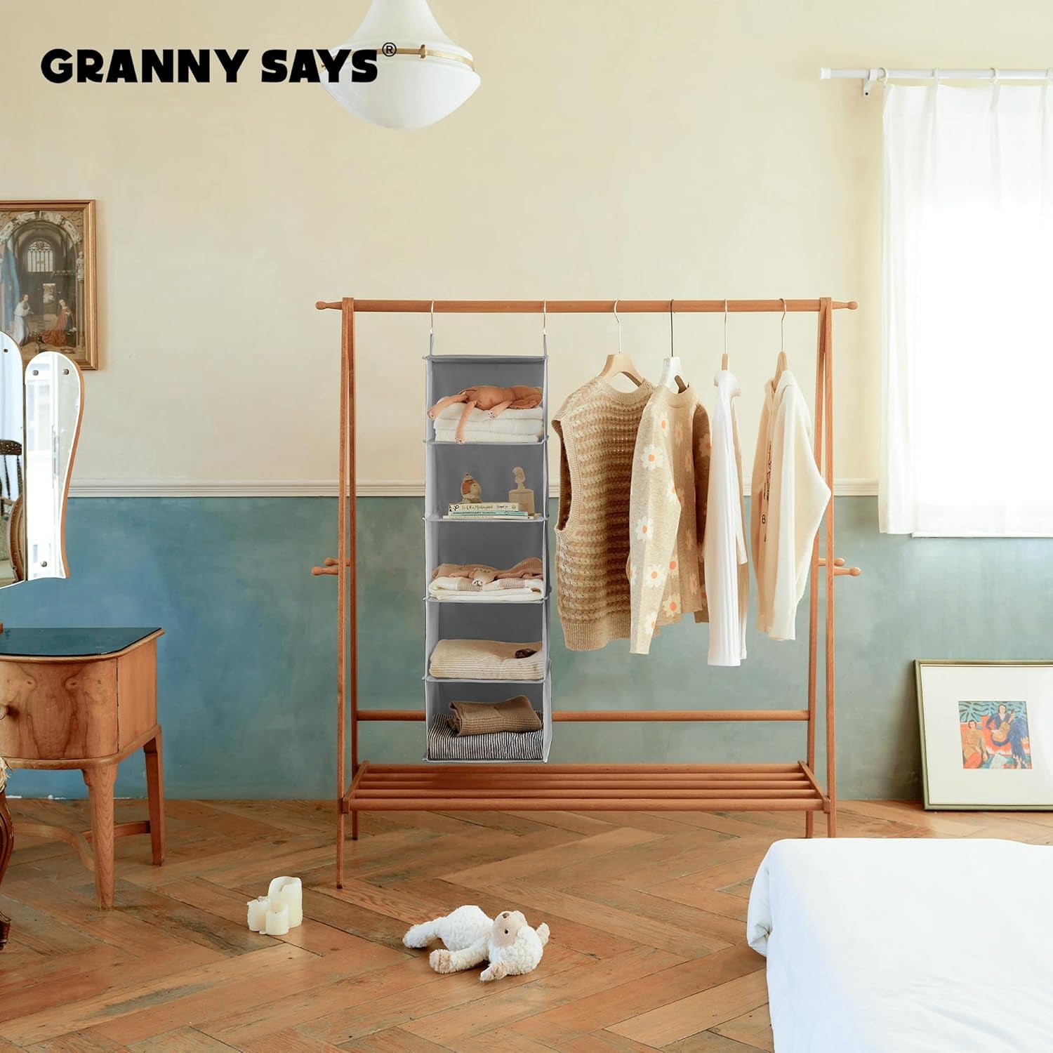 5-Shelf Hanging Closet Organizers and Storage, Hanging Shelves for Closet Storage, Collapsible Hanging Shelf Organizer for Clothes Organization, Light Gray, 12 ¼" D X 12 ¼" W X 45 ½" H