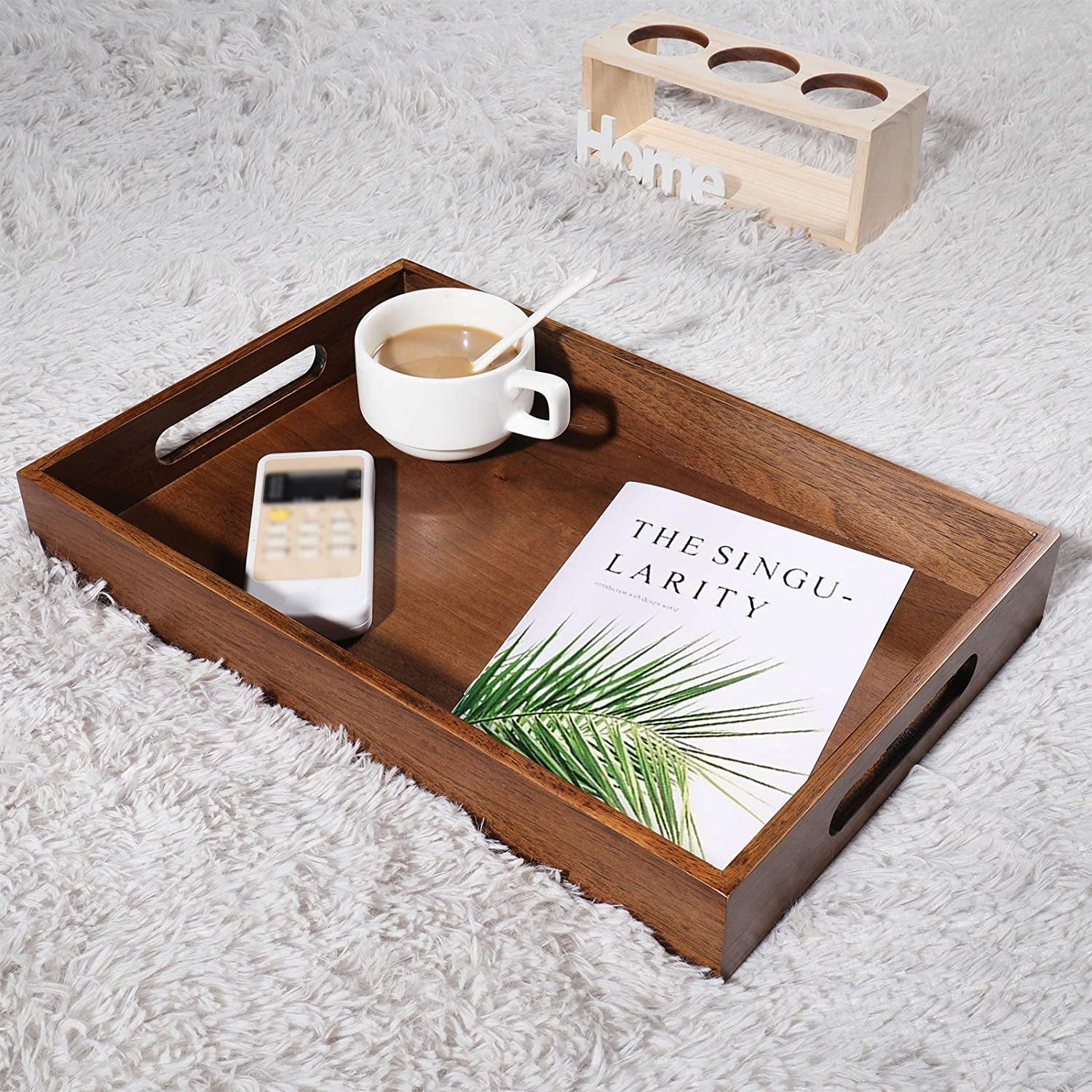 Wood Ottoman Wooden Serving Organizer Decorative Butler Bed Tray for Living Room Coffee Table Countertop 10×15 Inch